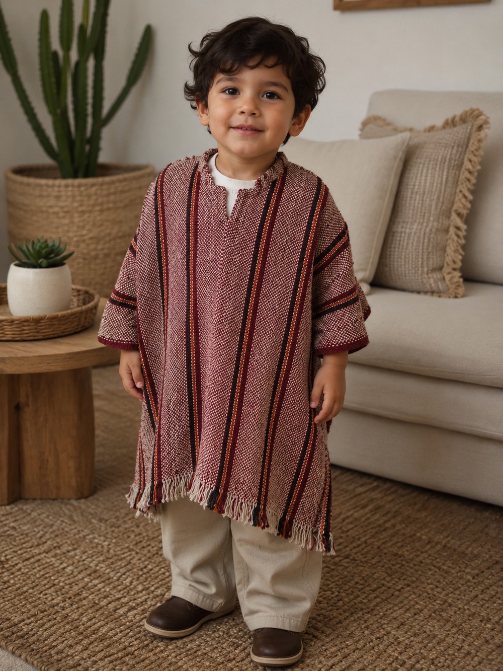 Kids Burgundy Striped Poncho Cape Jacket